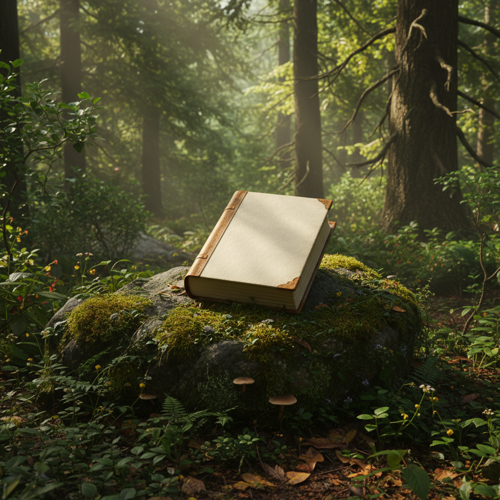 무성한 숲 속 이끼 낀 바위 위에 놓인 빈 책 목업. 나뭇잎 사이로 비치는 햇살과 자연, 생태 테마를 강조하는 야외 사진.