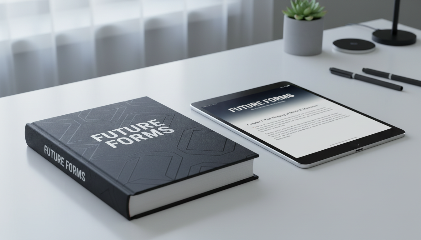 전자책 버전이 보이는 태블릿 옆의 하드커버 책 목업, 현대적인 흰색 책상, 세련된 사무실 디자인, 디지털과 물리적 통합, 전문적인 맥락.