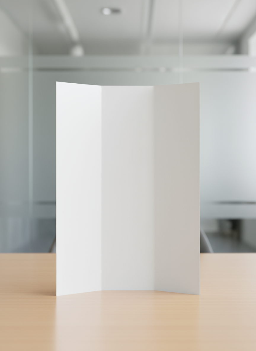 깔끔한 배경의 간단한 책상 위에 세워져 있는 삼단 빈 브로슈어 목업. 전문적인 비즈니스 프레젠테이션 스타일.