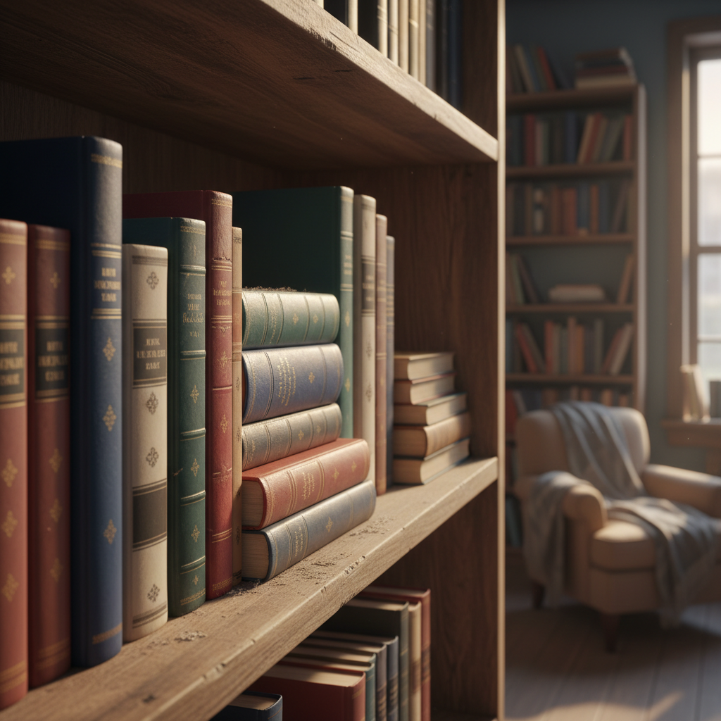 다양한 크기와 색상의 사실적인 책 목업들이 나무 서점 선반에 진열되어 있다. 아늑하고 매력적인 도서관 분위기다.