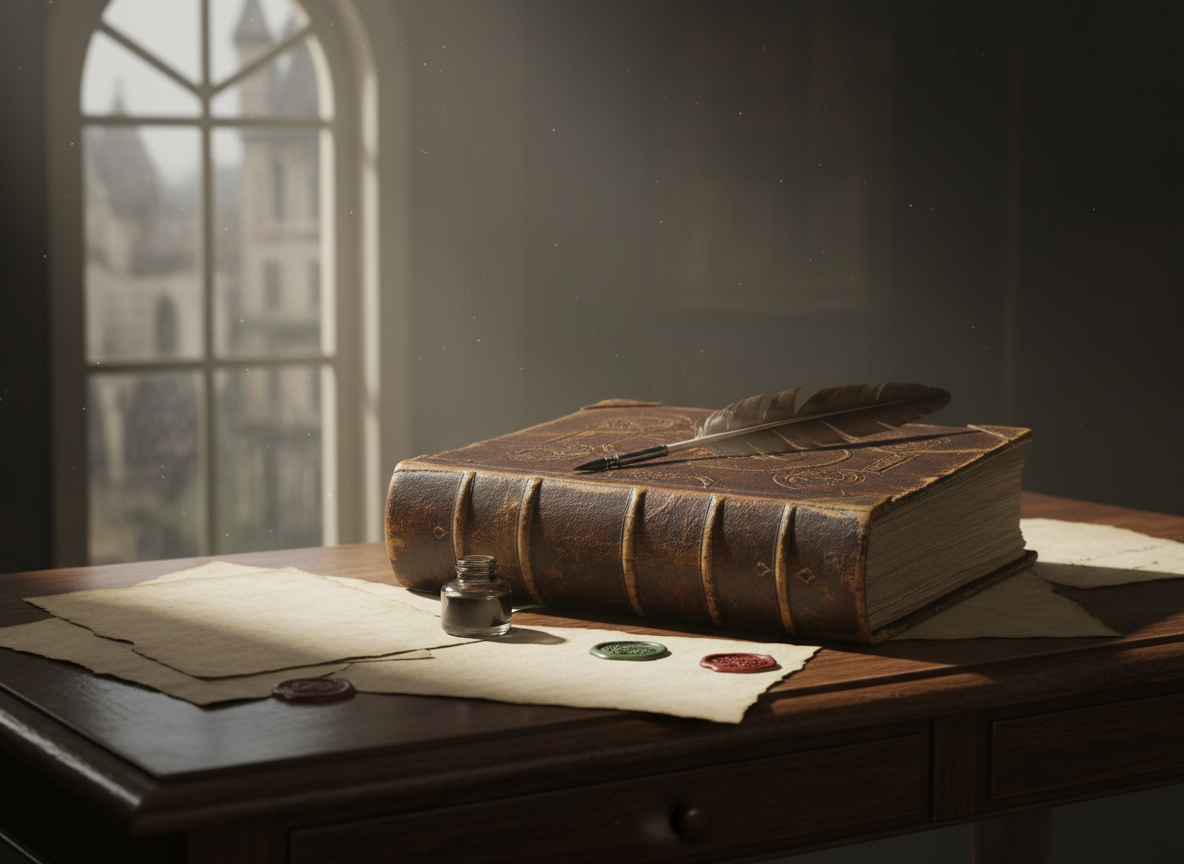 빈티지 가죽 바인딩 저널 책 목업, 깃펜, 양피지, 다크 아카데미아 미학