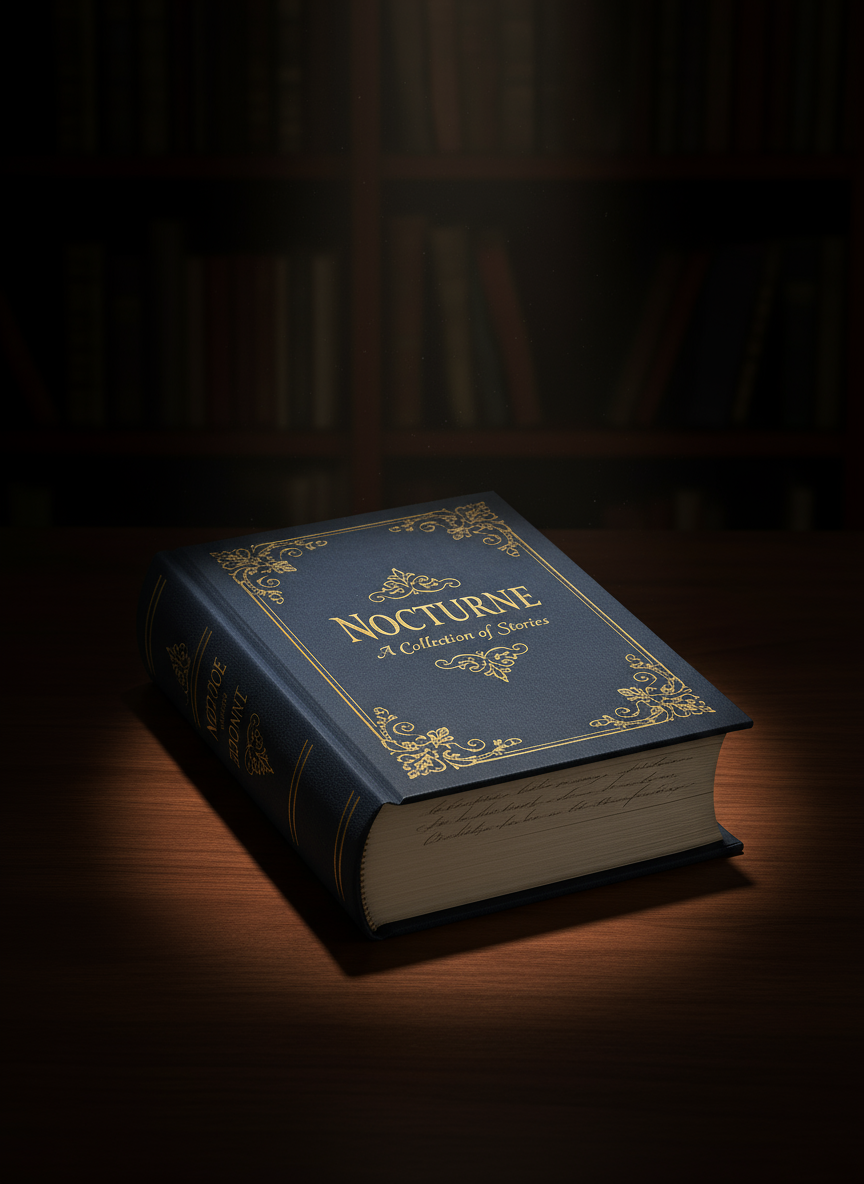 어둡고 분위기 있는 배경의 우아한 하드커버 책 목업, 단일 스포트라이트 조명, 고급스러운 미학, 살짝 펼쳐진 표지, 극적인 그림자 연출.