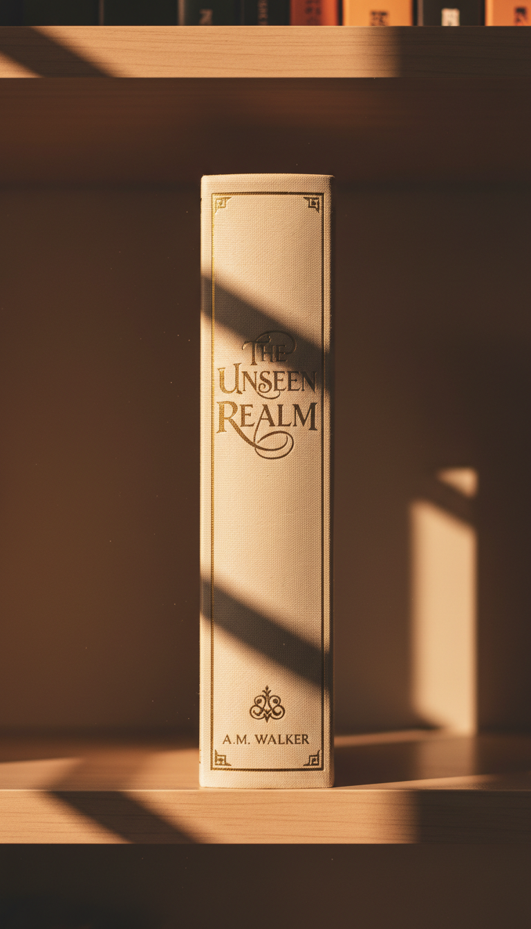 수직으로 세워진 하드커버 책 목업, 미니멀한 선반 위, 책등 디자인 강조, 극적인 그림자