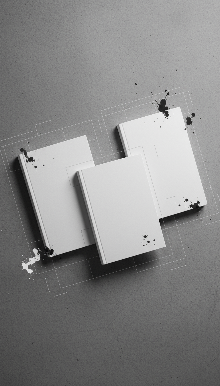 질감 있는 회색 배경 위에 약간 겹쳐져 예술적으로 배열된 세 권의 빈 페이퍼백 책 목업 모음. 편집 및 그래픽 디자인에 중점.