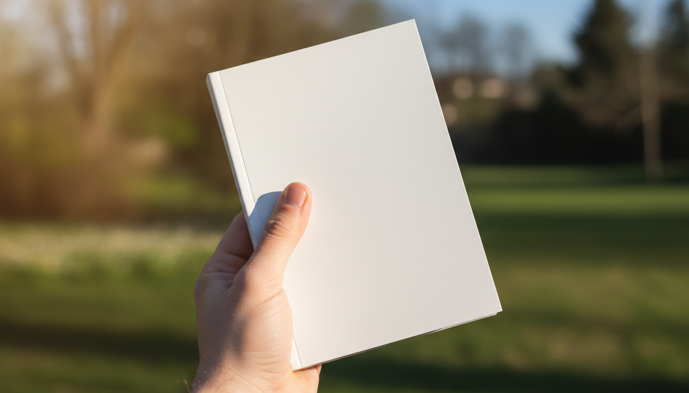 사람의 손이 빈 페이퍼백 책 목업을 부드럽게 들고 있는 클로즈업 사진. 흐릿한 야외 배경과 부드러운 자연광이 개인적이고 매력적인 느낌을 줌.