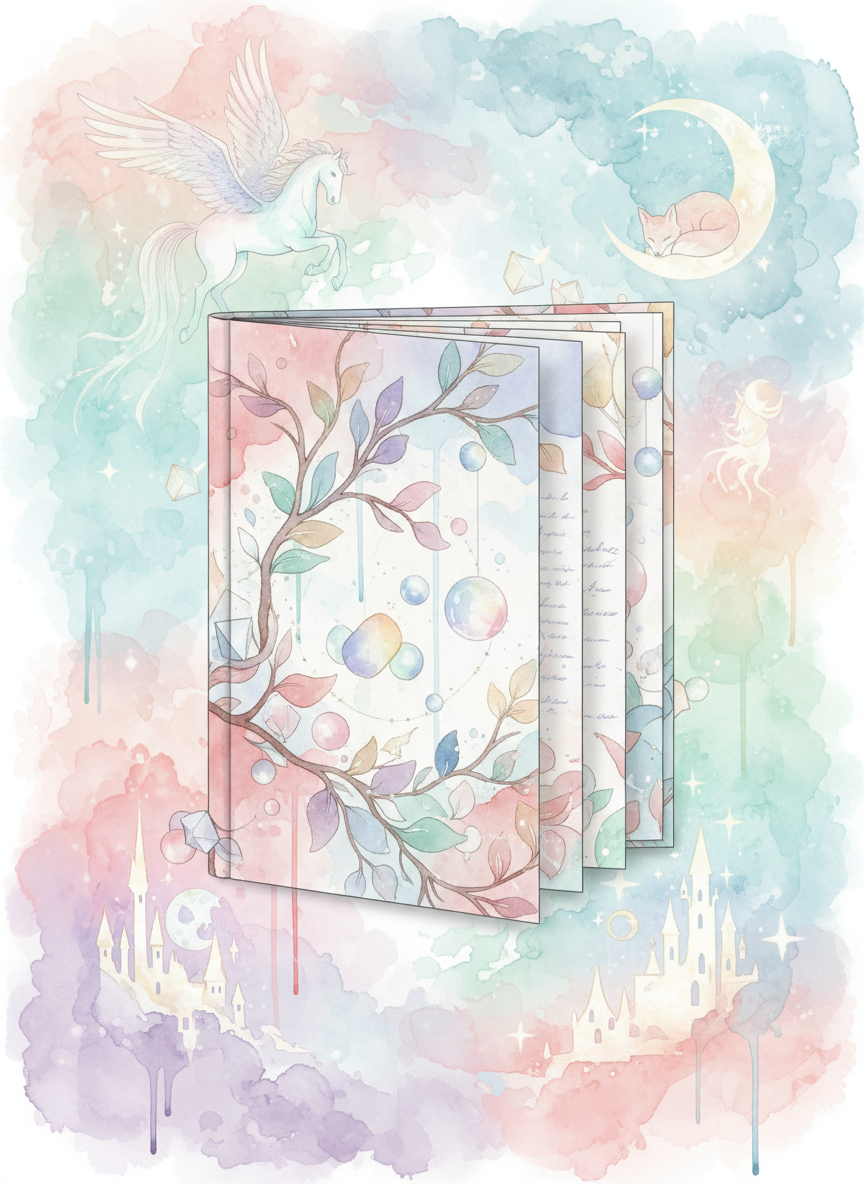 예술적인 수채화 스타일 책 목업, 부드러운 파스텔 색상의 초현실적이고 신비로운 배경, 몽환적이고 상상력이 풍부한, 붓놀림 효과, 창의적이고 독특한 디자인.