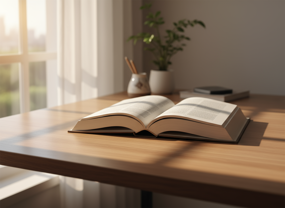 미니멀한 나무 책상 위에 놓인 펼쳐진 하드커버 책 목업. 부드러운 자연광이 비치고 디자인 삽입을 위한 빈 공간이 있다.