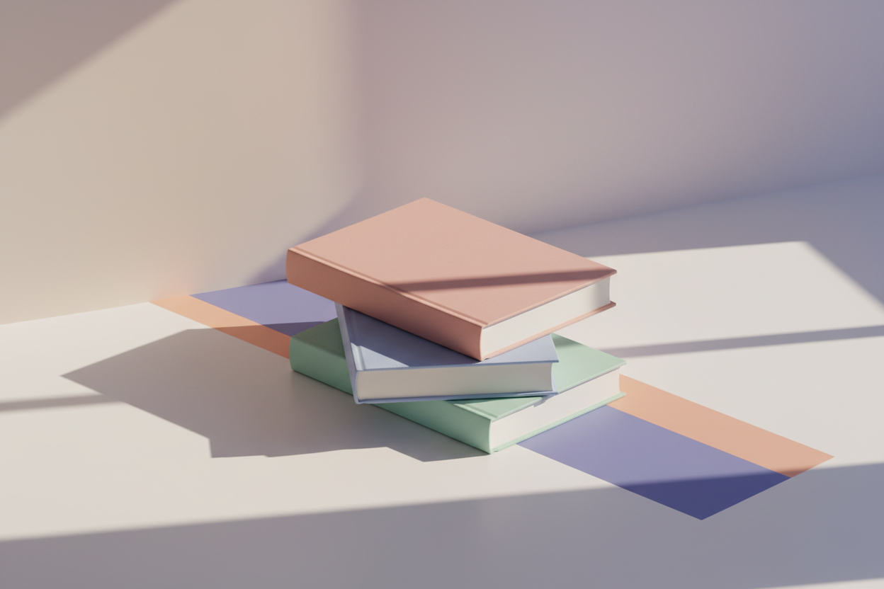 파스텔 색상 팔레트와 기하학적 그림자가 있는 세 권의 쌓인 페이퍼백 책 목업, 아이소메트릭 뷰