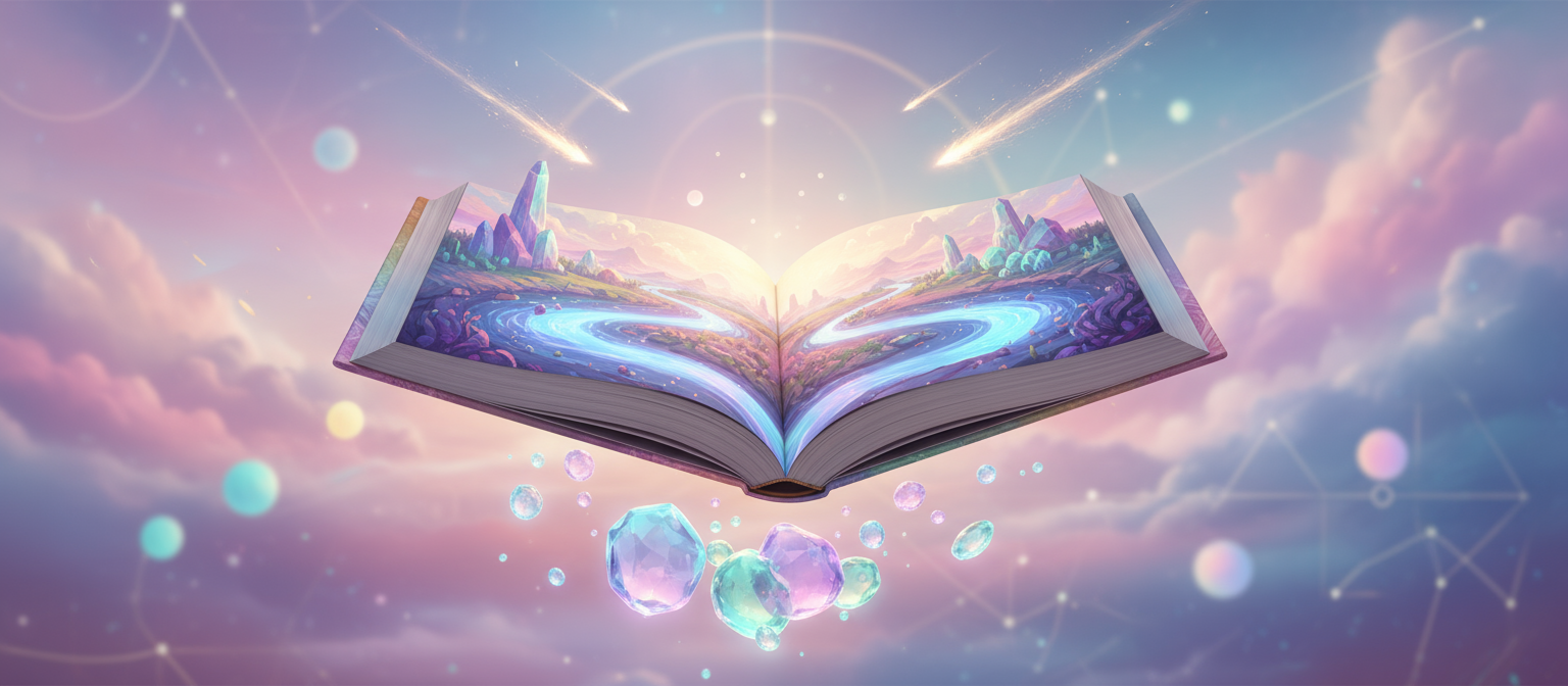 초현실적이고 꿈결 같은 환경에 떠 있는 책 목업, 추상적인 모양과 부드러운 빛 속에서