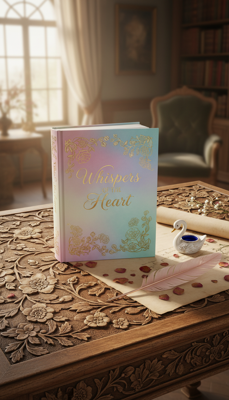 부드러운 파스텔 표지의 우아한 시집 목업, 깃털 펜, 빈티지 책상 위의 정교한 꽃무늬