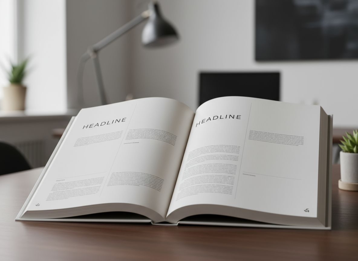 넓은 포맷의 책 위에 놓인 빈 편집 레이아웃 목업의 클로즈업. 세련된 타이포그래피 레이아웃이 암시되는 페이지 펼침에 초점을 맞추며, 세련된 사무실 테이블 배경.