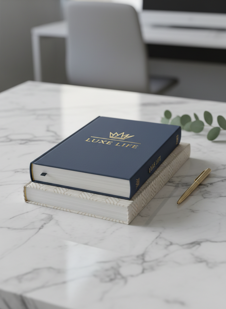대리석 표면 위에 세련되게 쌓인 두 권의 하드커버 책 목업. 고급스러운 브랜드에 적합하다.
