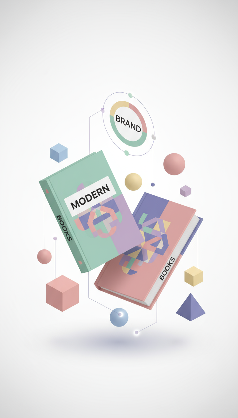 깨끗한 기하학적 형태와 파스텔 색상의 모던 아이소메트릭 책 목업. 디지털 일러스트 스타일로 표현되었다.