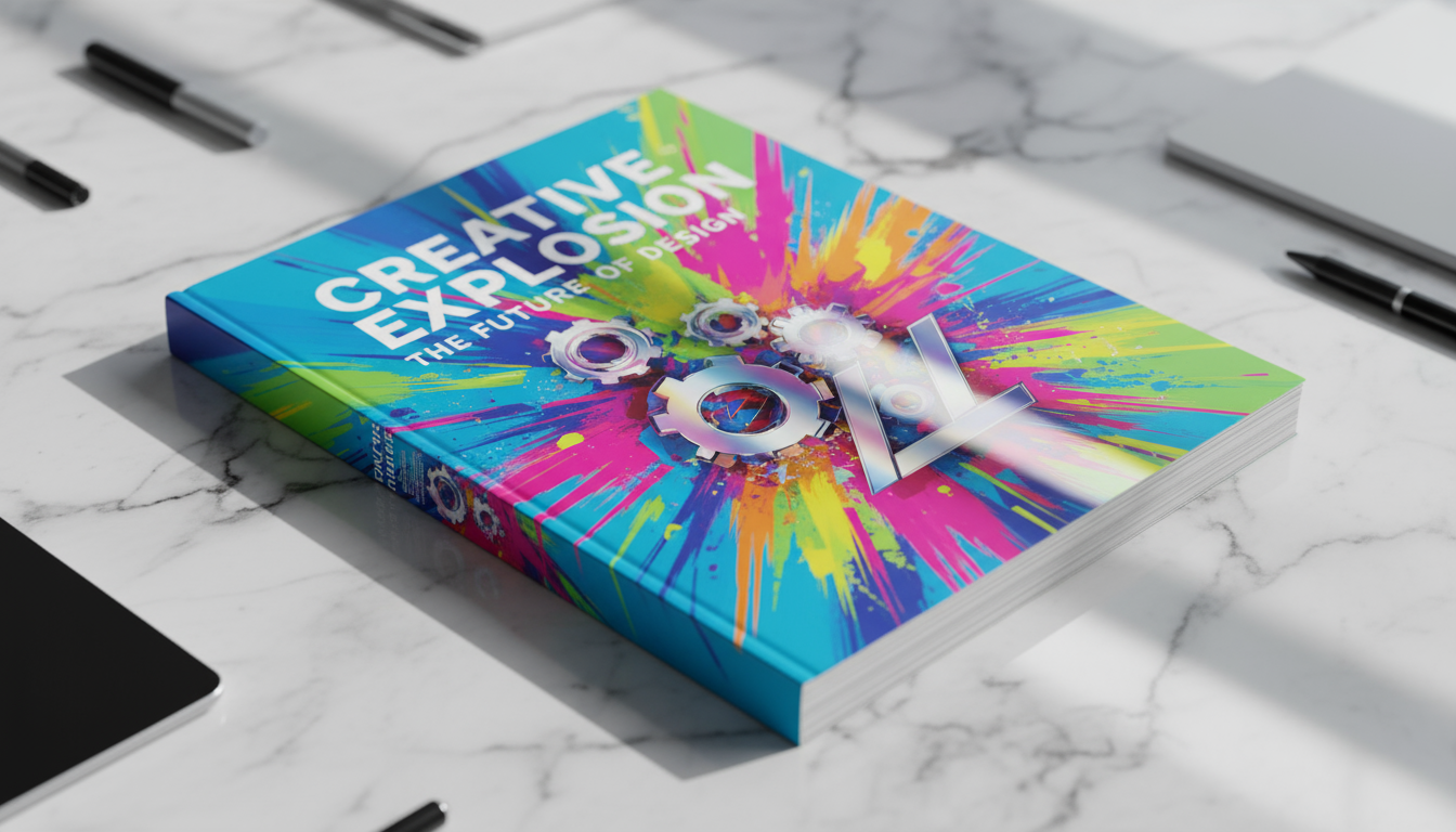 광택 있는 매거진 책 목업, 생생한 표지 디자인, 스튜디오 조명 반사가 있는 대리석 평면 배치