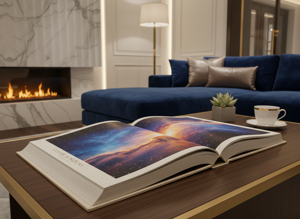 놀라운 이미지를 보여주며 펼쳐진 대형 커피 테이블 책 목업. 고급스러운 거실 공간에 은은한 조명이 어우러져 있다.