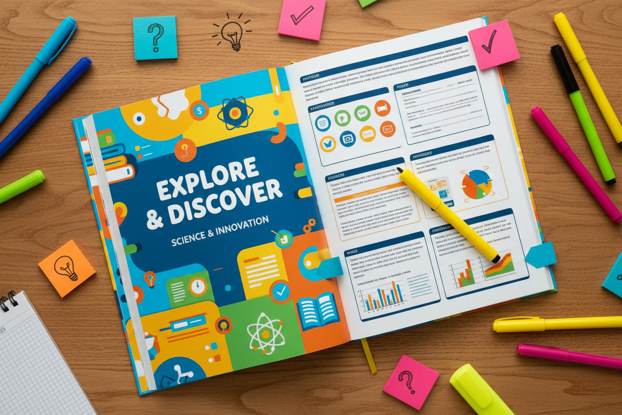 생생한 색상의 학교 교과서 목업, 펜, 포스트잇, 형광펜이 있는 참나무 책상