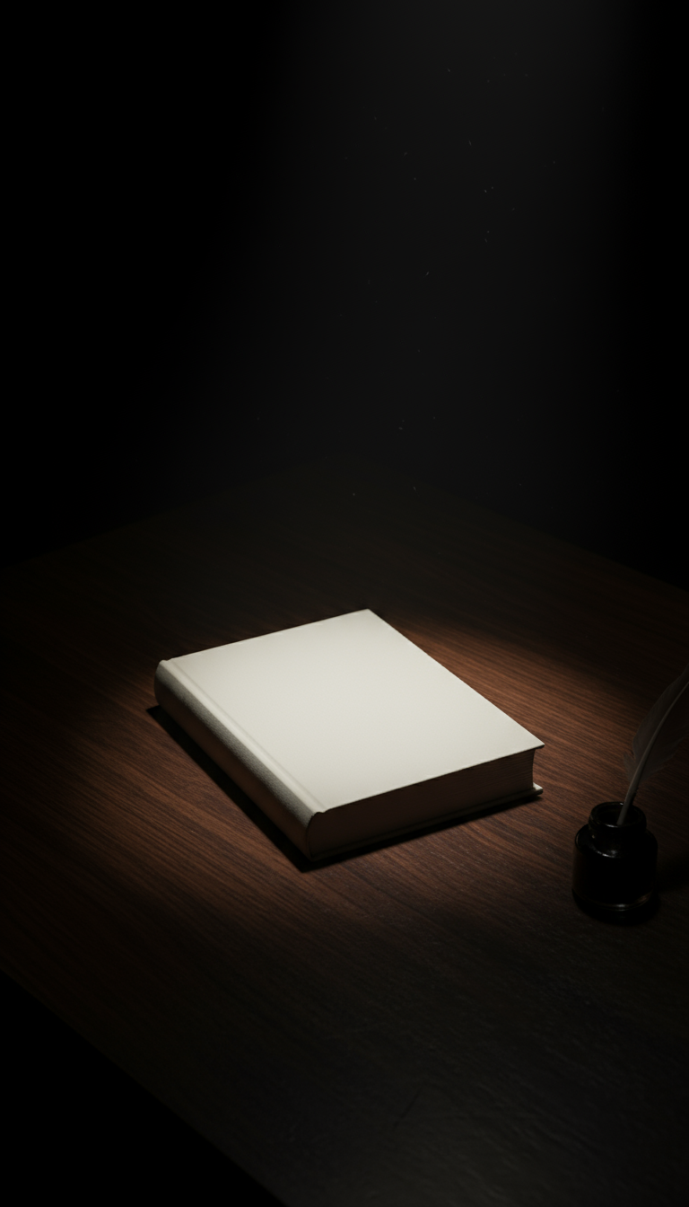 어두운 나무 표면에 놓인 닫힌 빈 책 목업이 단일 광원에서 오는 극적인 그림자와 함께 어둡고 분위기 있는, 세련된 문학적인 느낌을 연출.