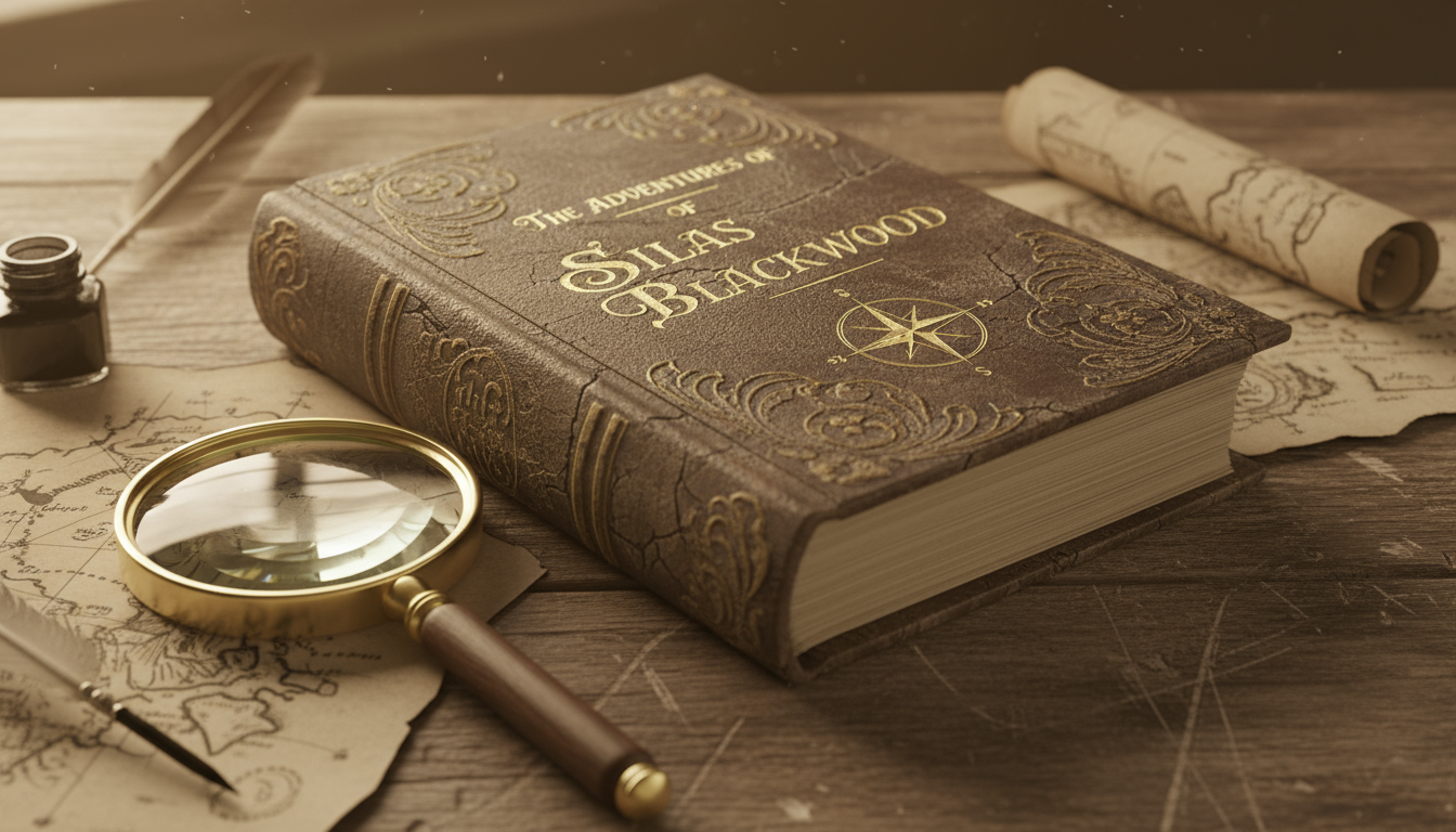 낡은 나무 책상 위에 놓인 빈티지 스타일 책 목업. 고풍스러운 돋보기와 따뜻한 세피아 톤이 향수를 불러일으킨다.