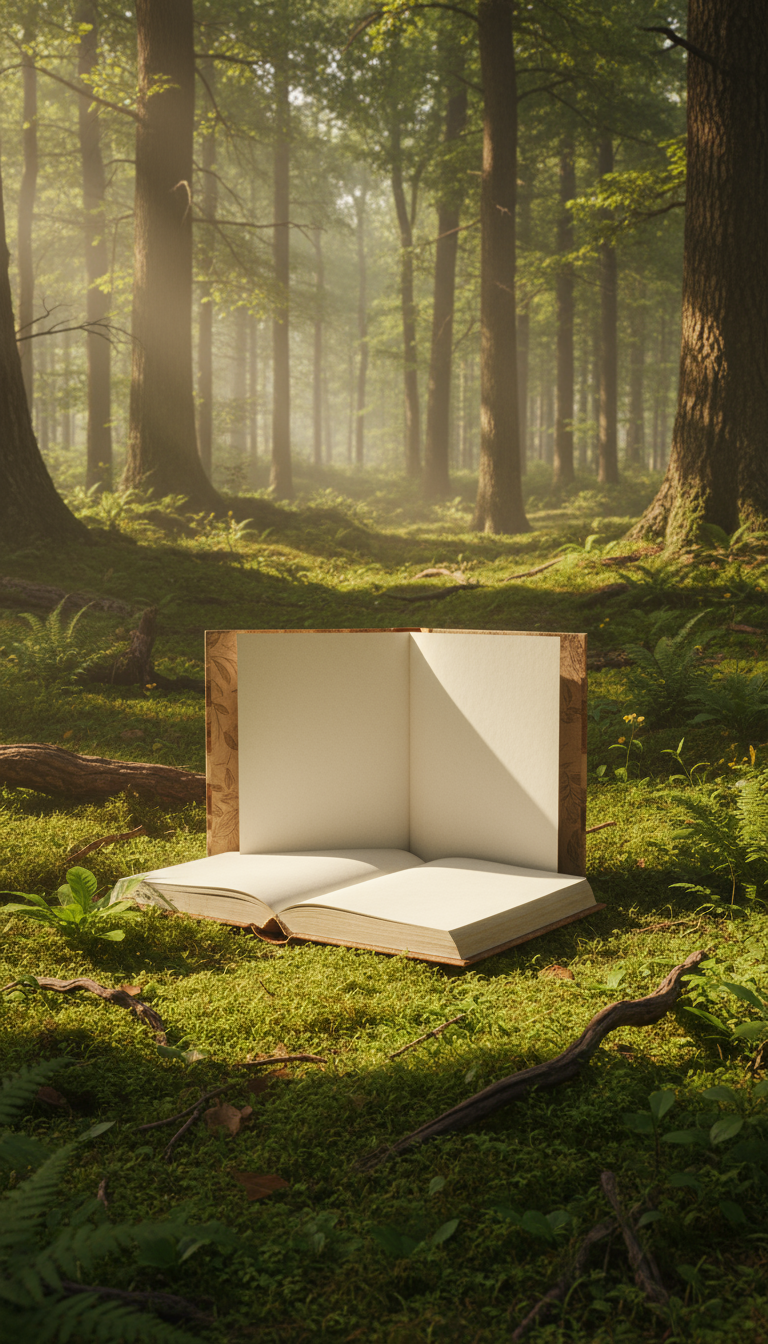 이끼 낀 숲 바닥에 놓인 펼쳐진 책 목업. 나뭇가지 사이로 비치는 햇살이 평화로운 자연 풍경을 연출한다.