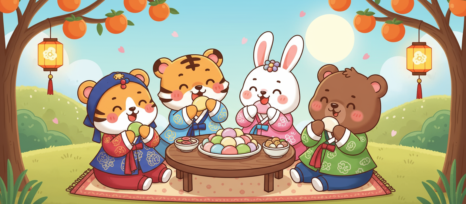 귀여운 한국 동물 캐릭터들이 미니 한복을 입고 송편과 추석 음식을 즐겁게 먹는 만화 일러스트.