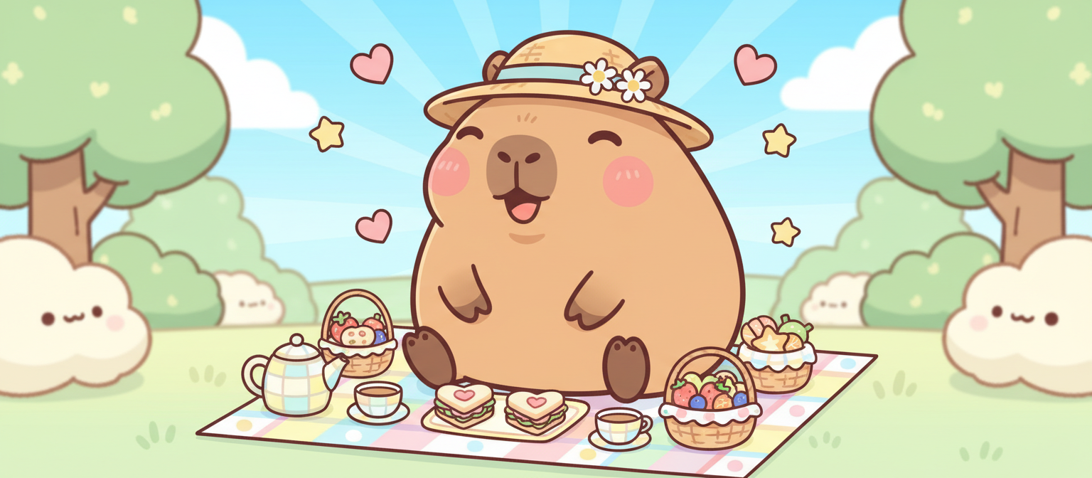 피크닉을 즐기는 슈퍼 귀여운 카와이 스타일 카피바라 일러스트.