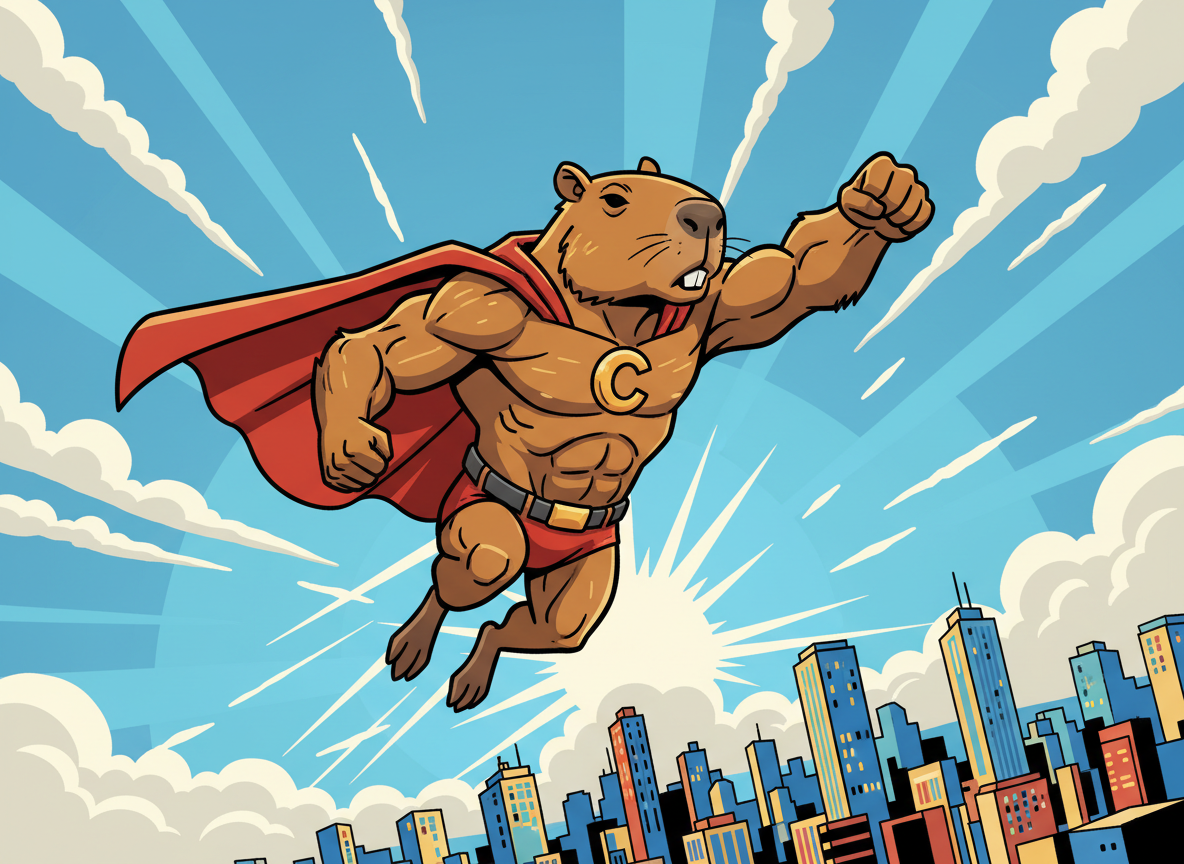 도시 위를 비행하는 망토를 두른 카피바라 슈퍼히어로의 역동적인 만화 일러스트.