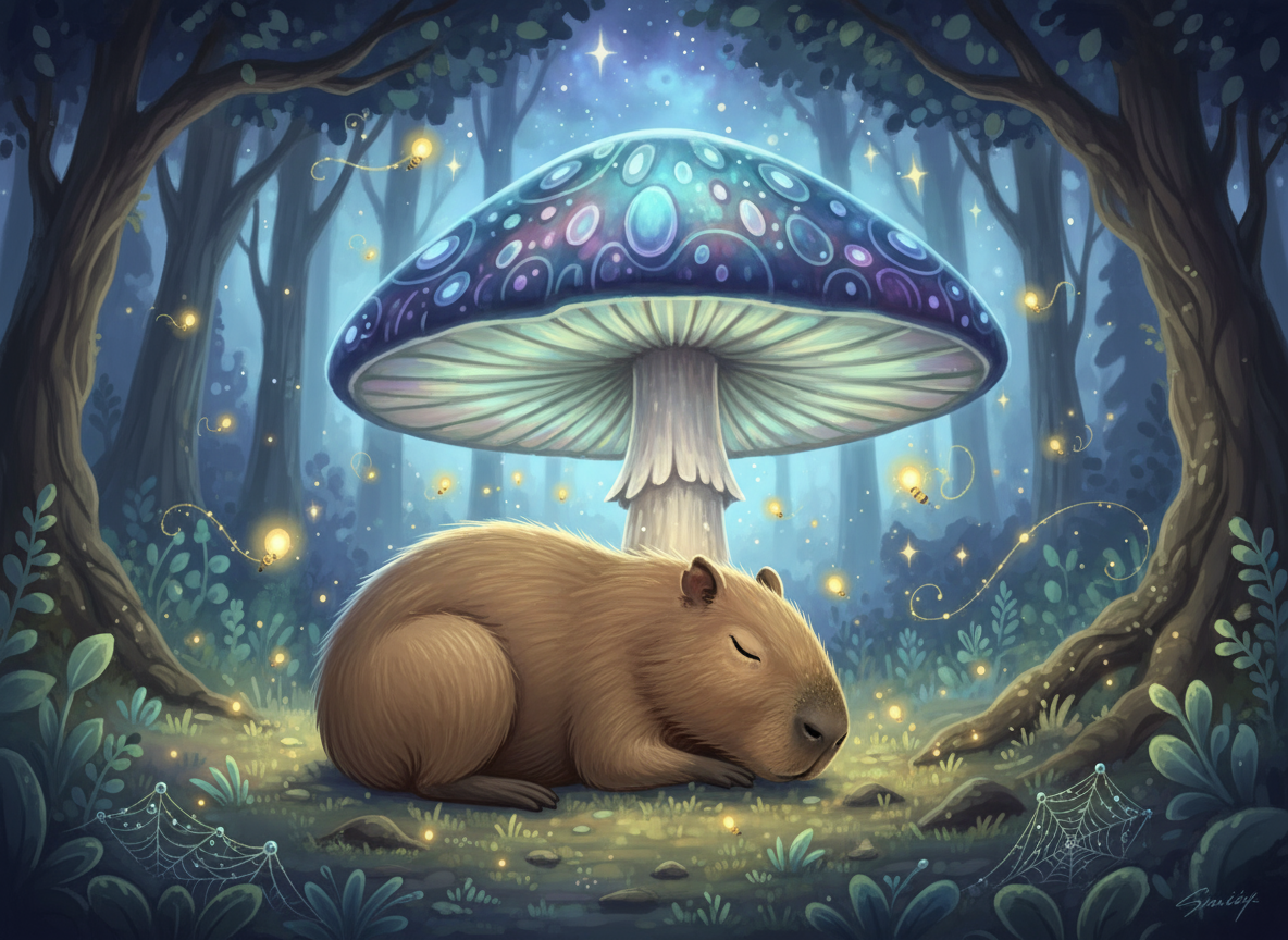 밤에 반딧불이와 함께 커다란 버섯 아래에서 낮잠을 자는 졸린 카피바라의 귀여운 일러스트.