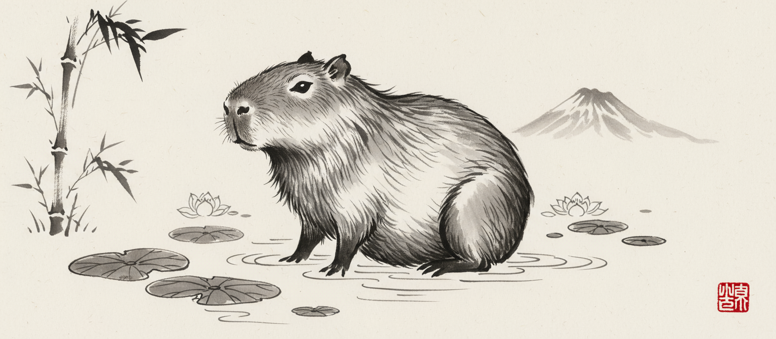 평온한 카피바라의 젠 수묵화 일러스트.