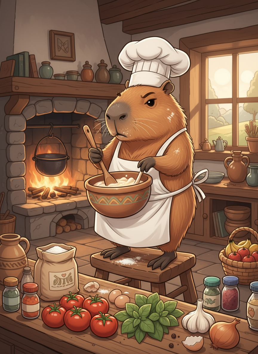 요리 수업에서 재료들에 둘러싸여 진지하게 그릇을 젓는 카피바라의 흥미로운 일러스트.