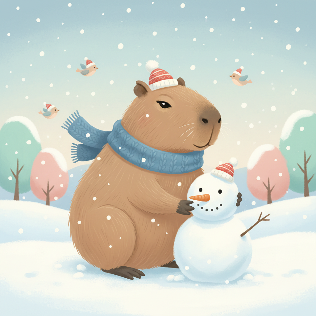 눈 내리는 겨울 풍경에서 작은 스카프와 모자를 쓰고 눈사람을 만드는 카피바라의 사랑스러운 일러스트.