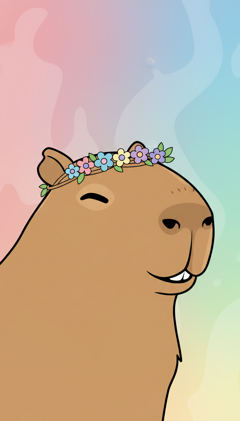 파스텔 배경에 작은 꽃 왕관을 쓴 미소 짓는 카피바라의 생동감 넘치는 디지털 일러스트레이션, 미니멀리스트 벡터 아트 스타일.