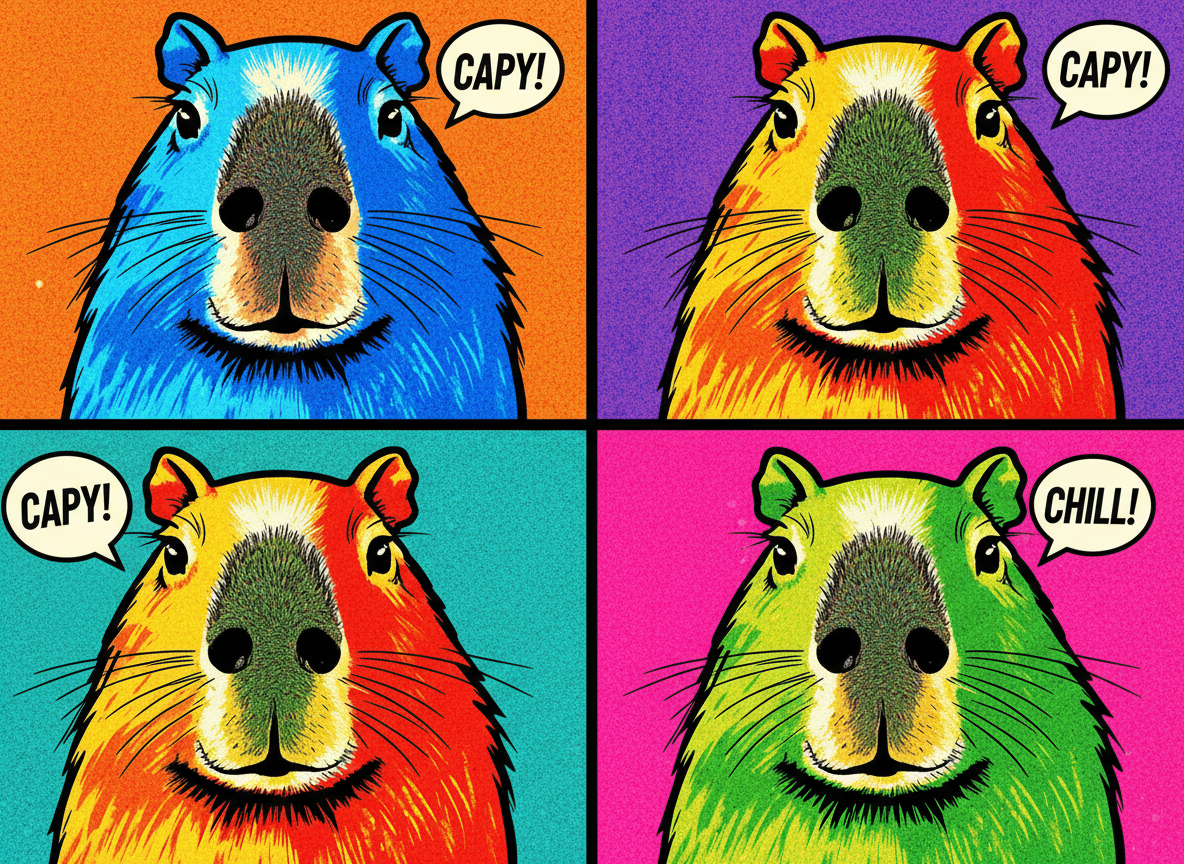 대담한 윤곽선과 생생하고 대비되는 색상으로 표현된 카피바라 얼굴의 팝아트 스타일 일러스트.
