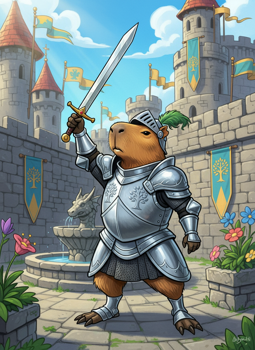 중세 판타지 배경에서 자랑스럽게 서 있는 빛나는 갑옷을 입은 영웅적인 카피바라 기사의 동화책 캐릭터 일러스트.