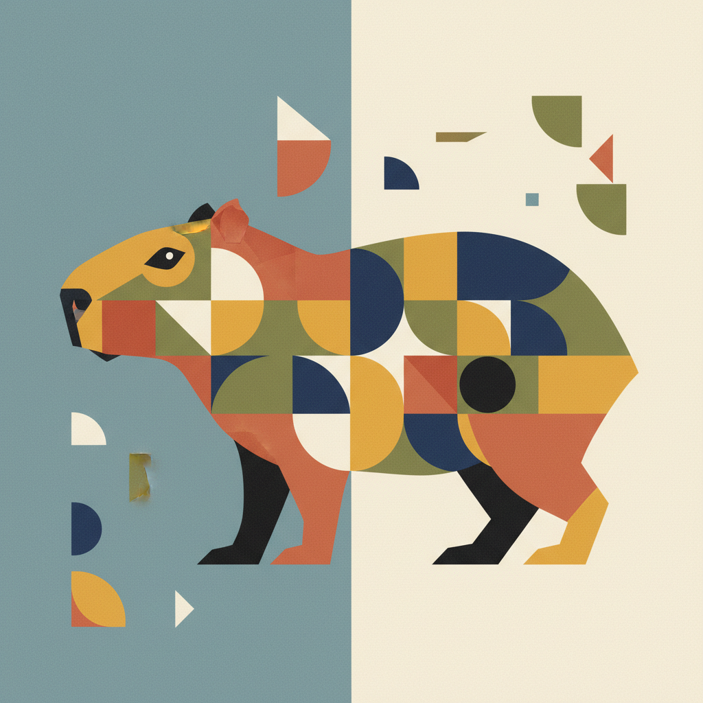 다양한 색상의 기하학적 형태로 구성된 카피바라 옆모습의 현대 기하학 예술 일러스트.