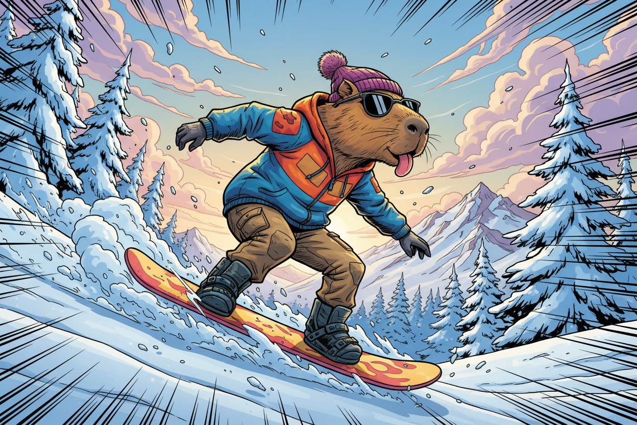 눈 덮인 산을 스노보드를 타고 내려오는 멋진 카피바라의 역동적인 일러스트.