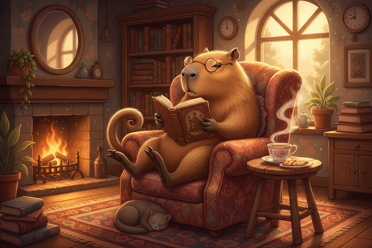 안경을 쓰고 책을 읽고 있는 기발한 카피바라 일러스트.