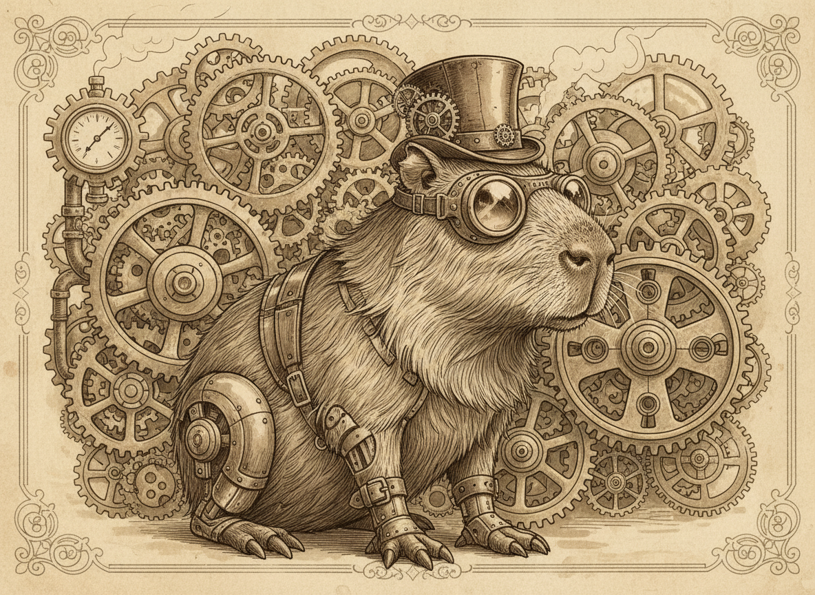 고글과 작은 실크햇을 쓴 스팀펑크 스타일의 카피바라 일러스트레이션, 복잡한 디테일과 세피아 톤의 배경에 기어와 톱니바퀴가 있다.