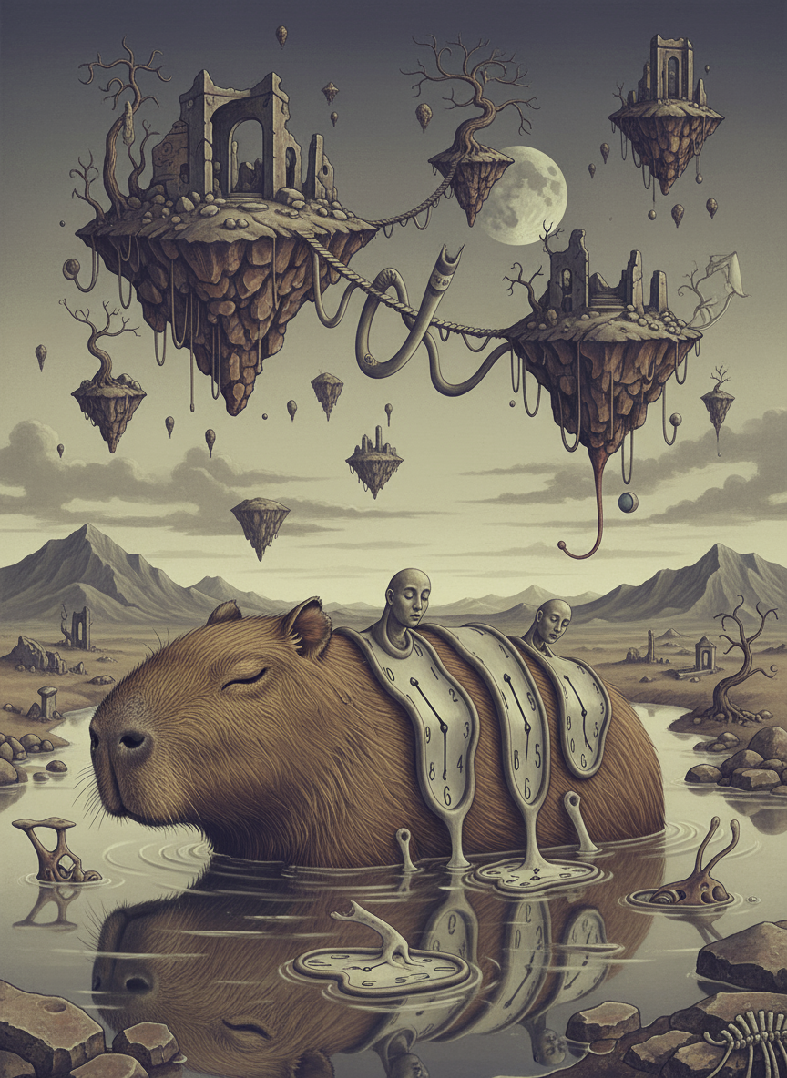 살바도르 달리에게 영감을 받은 초현실주의 카피바라 일러스트, 녹는 시계와 떠다니는 섬, 몽환적이고 신비로운 풍경.
