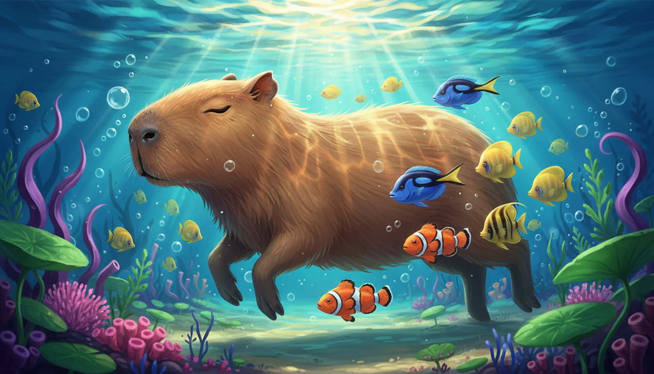 다채로운 물고기들과 수초들 사이를 평화롭게 헤엄치는 카피바라의 매혹적인 수중 일러스트.