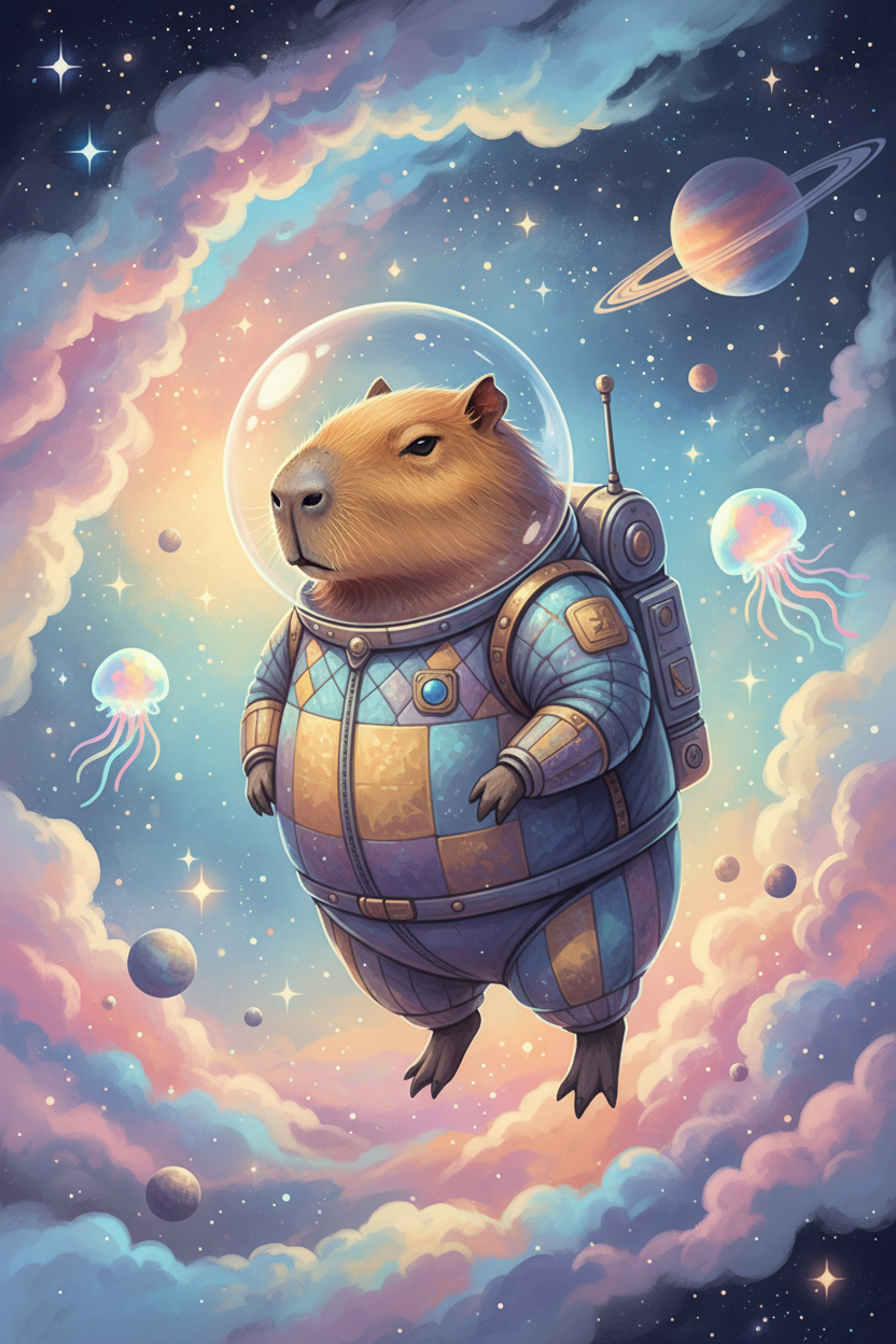 우주복을 입은 카피바라가 별과 행성에 둘러싸인 기묘한 우주 풍경을 떠다니는 몽환적인 일러스트, 부드러운 빛.