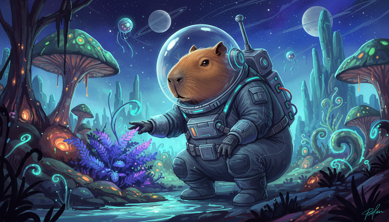 푸른 외계 행성을 탐험하는 미래형 우주복을 입은 카피바라의 SF 테마 일러스트.