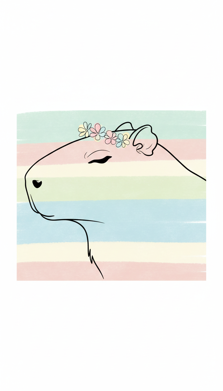 작은 꽃 화관을 쓴 차분한 모습의 미니멀리즘 라인 아트 카피바라 일러스트. 파스텔 배경.