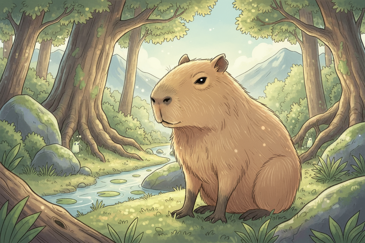 스튜디오 지브리 스타일의 고요한 숲 속 카피바라 일러스트.