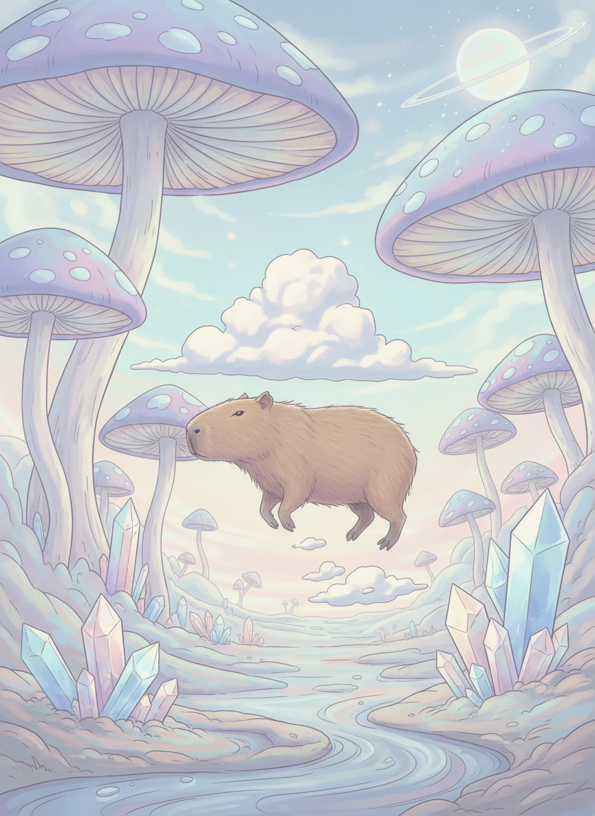 구름 머리를 가진 카피바라가 넓고 몽환적인 풍경을 부유하는 초현실주의 일러스트.
