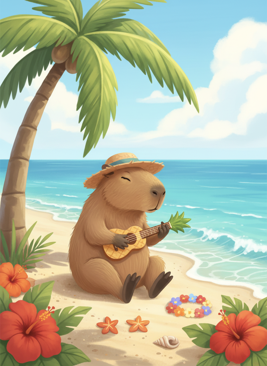 햇살 가득한 열대 해변에서 우쿨렐레를 연주하는 카피바라의 매력적인 일러스트.