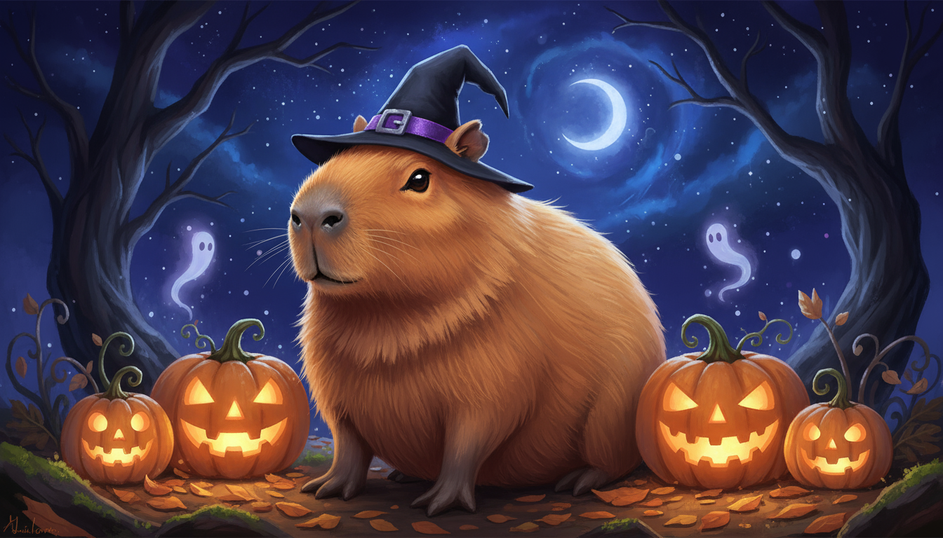 작은 마녀 모자를 쓴 할로윈 테마의 카피바라가 빛나는 호박에 둘러싸여 있는 귀여운 디지털 페인팅 일러스트, 밤하늘 배경.