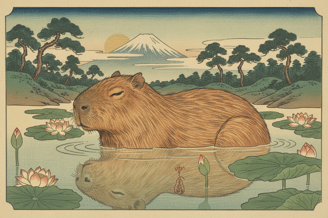 우키요에 스타일의 카피바라 일러스트레이션, 목판화 질감, 전통적인 일본 예술, 잔잔한 물, 우아하고 자연 테마.