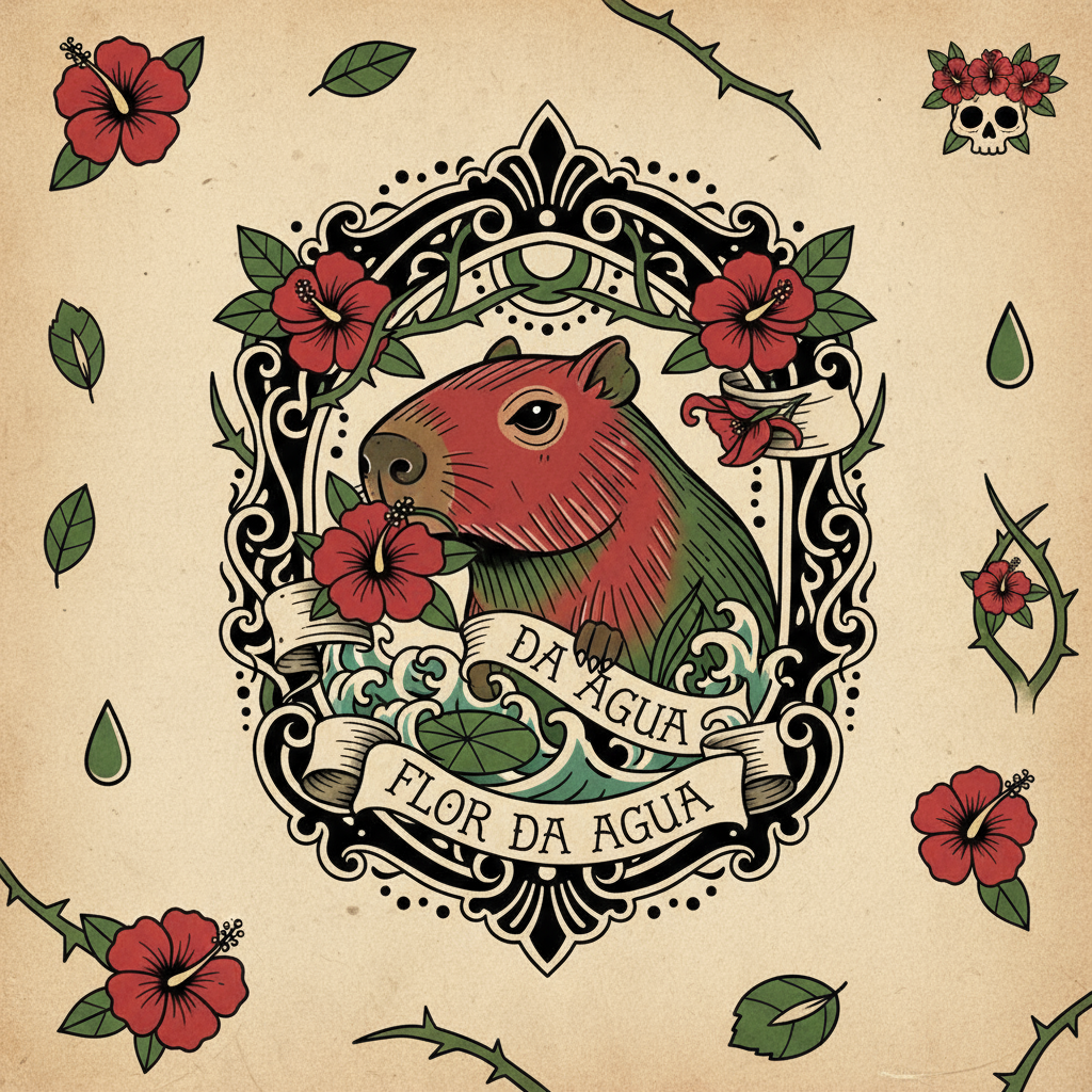 대담한 선과 제한된 색상 팔레트, 히비스커스 꽃을 들고 있는 카피바라의 네오 트래디셔널 타투 플래시 일러스트.