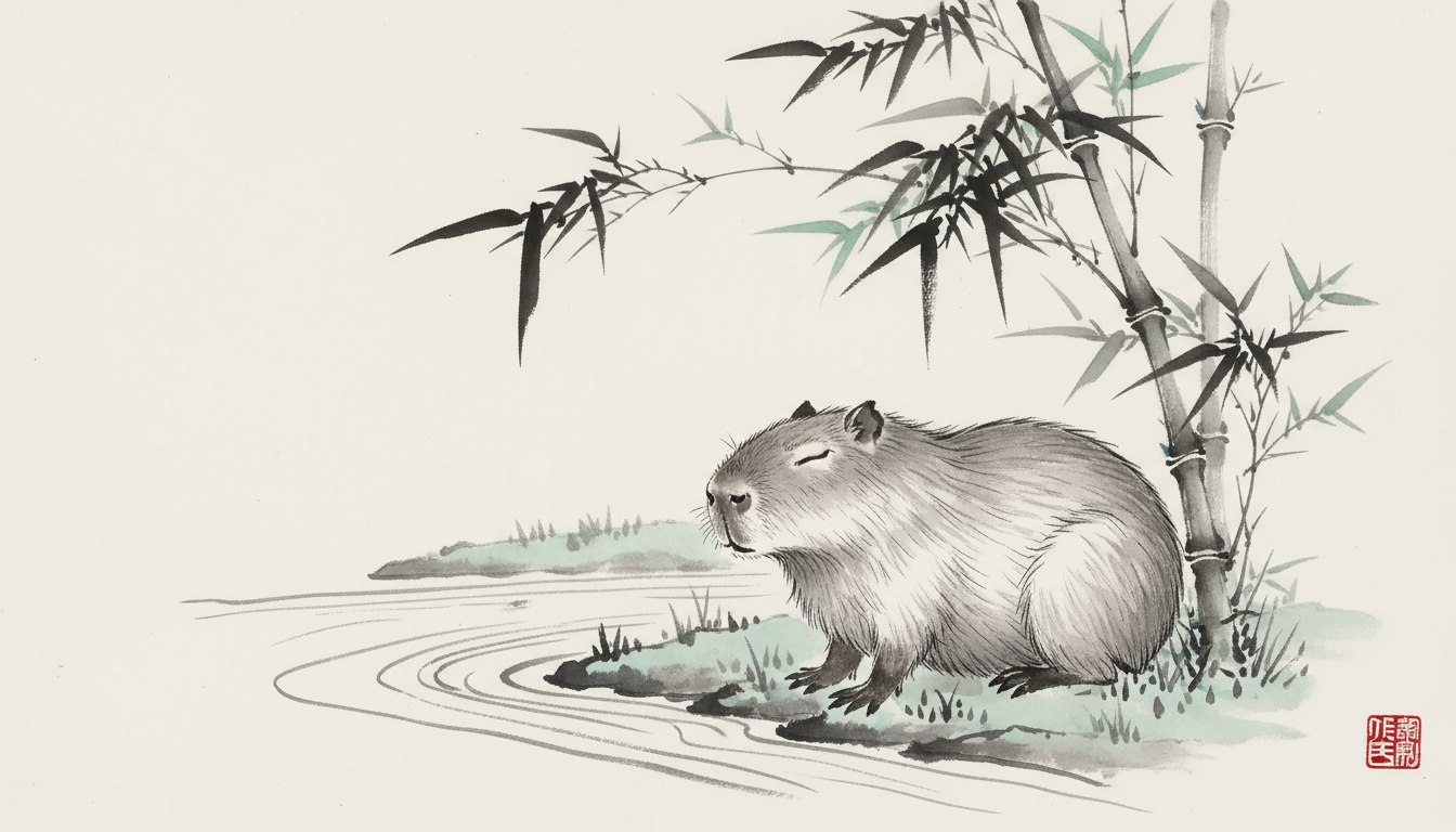 대나무 아래 앉아 있는 평화로운 카피바라의 수묵화(스미에) 일러스트.