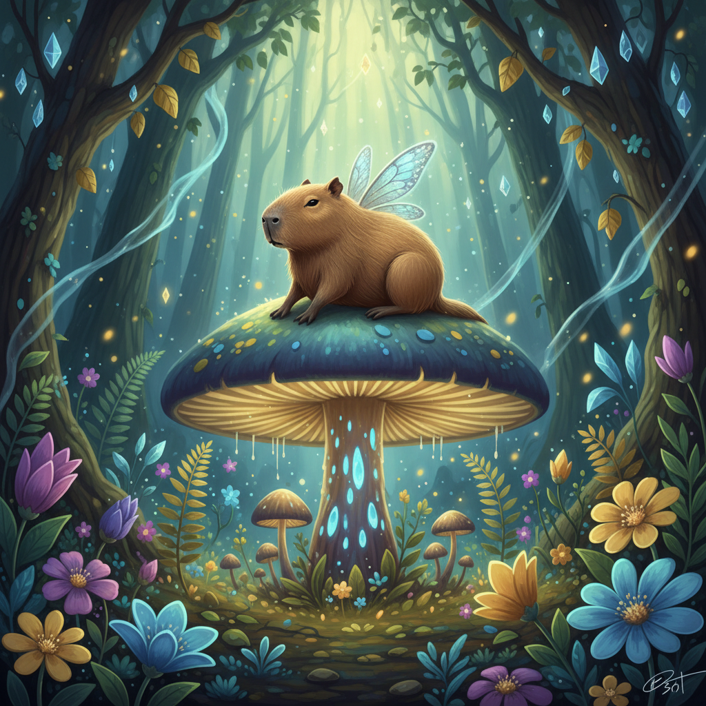 날개 달린 카피바라가 거대한 버섯 위에 앉아있는 환상적인 일러스트.